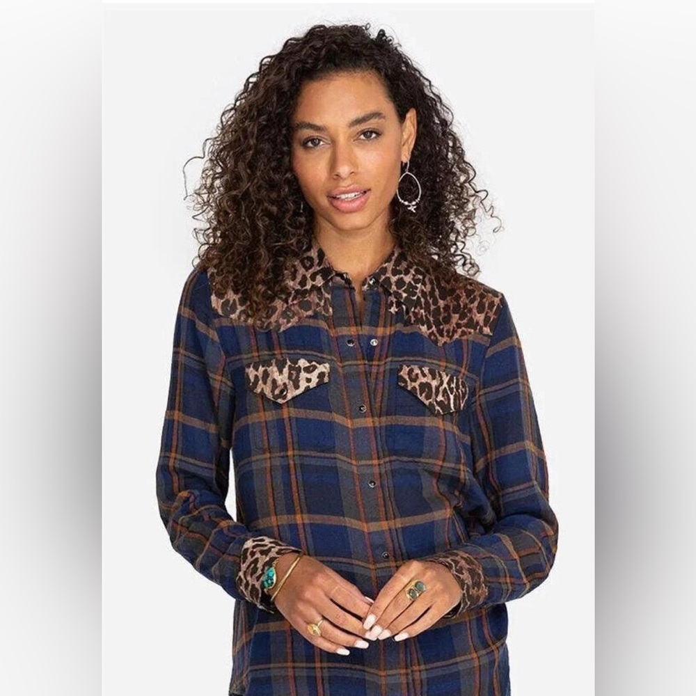 Johnny Was Workshop Plaid/Animal Print Button Down Western Style Shirt
